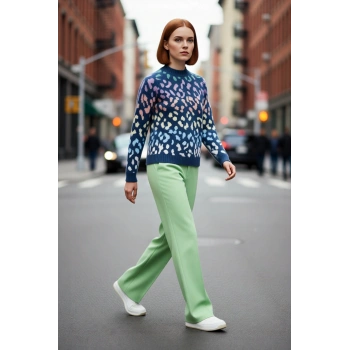 Kadın Oversize Animal Desenli Triko Kazak Konforlu Bisiklet Yaka Uzun Reglan Kol Kış Stiliyle Şıklık