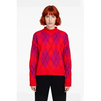 Kadın Oversize Baklava Desenli Dik Yaka Düşük Kol Triko Kazak Kış Şıklığını Tamamlar Kaliteli