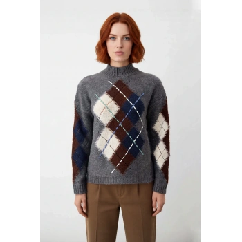 Kadın Oversize Baklava Desenli Dik Yaka Triko Kazak Düşük Kol Rahat Uzun Boy Kışlık Şık Kombinler