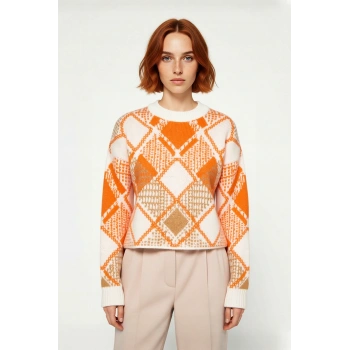 Kadın Oversize Baklava Desenli Düşük Kol Bisiklet Yaka Triko Crop Kazak Kış Sezonu İçin İdeal