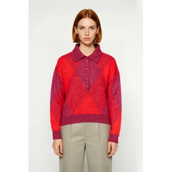 Kadın Oversize Baklava Desenli Polo Yaka Düşük Kol Triko Kazak Kışlık Günlük Şık Kombinler İçin