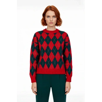 Kadın Oversize Baklava Desenli Simli Triko Uzun Kalın Düşük Kol Bisiklet Yaka Kazak Kaliteli