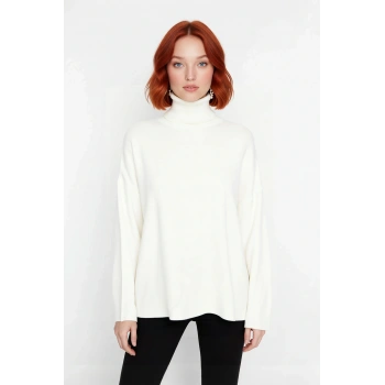 Kadın Oversize Balıkçı Yaka Düşük Kol Akrilik Triko Kazak Kış Sezonu İçin Uzun Basic Model