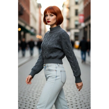 Kadın Oversize Balon Kol Dik Yaka Saç Örgü Crop Akrilik Triko Kazak Kış Modasına Uyumlu Kaliteli