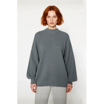 Kadın Oversize Balon Kol Selanik Dokuma Bisiklet Yaka Uzun Düz Basic Triko Kazak 100% Akrilik