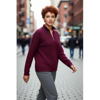 Kadın Oversize Basic Dokulu Uzun Kollu Fermuarlı Dik Yaka Selanik Örgü Triko Kazak Kaliteli