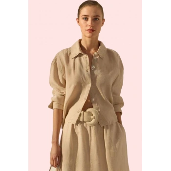 Kadın Oversize Basic Gömlek Yaka Keten Günlük Yazlık Hafta Sonu Yaz Aylarının Vazgeçilmezi