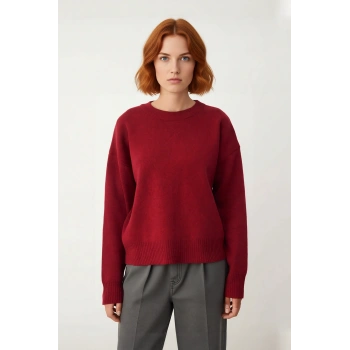 Kadın Oversize Basic Triko Bisiklet Yaka Uzun Düşük Kol Kırmızı Kışlık Günlük Şık Kazak Kaliteli