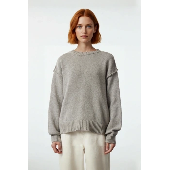 Kadın Oversize Basic Triko Kazak Bisiklet Yaka Uzun Kollu Rahat Kışlık Giyim Modern Kesim Kaliteli