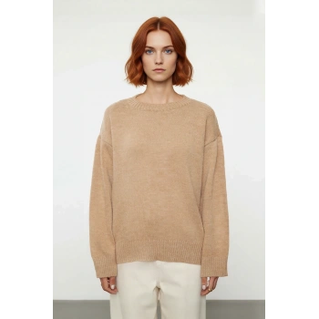 Kadın Oversize Bej Triko Bisiklet Yaka Uzun Kollu Rahat Kazak Kış Günlük Kombinler İçin Basic Şıklık