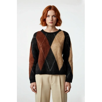 Kadın Oversize Bisiklet Yaka Baklava Desenli Triko Kazak Soğuk Kış Günleri İçin Rahat Şıklık