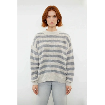 Kadın Oversize Bisiklet Yaka Bej Gri Çizgili Akrilik Uzun Kollu Triko Kazak Günlük Şıklık Kaliteli