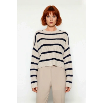 Kadın Oversize Bisiklet Yaka Çizgili Crop Triko Kazak Düşük Kollu Rahat Kışlık Kombinler İçin