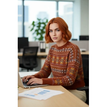 Kadın Oversize Bisiklet Yaka Etnik Desen Triko Kazak Düşük Kol Detayıyla Şık Kış Kombinleri