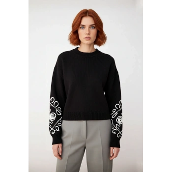 Kadın Oversize Bisiklet Yaka Kol İşlemeli Akrilik Triko Kazak Kışlık Günlük Şıklık Basic Rahat