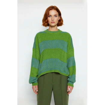 Kadın Oversize Bisiklet Yaka Renk Bloklu Uzun Kollu Pike Triko Kazak Kış Günleri İçin İdeal Bir