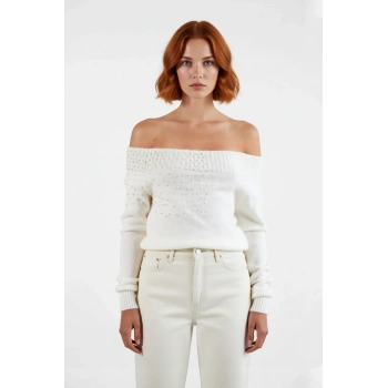 Kadın Oversize Boncuk İşlemeli Kayık Yaka Triko Kazak Omuz Açık Super Crop Şık Tasarım Kaliteli