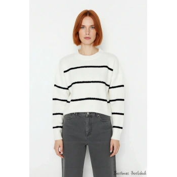 Kadın Oversize Çizgili Bisiklet Yaka Düşük Kol Triko Kazak Kışlık Günlük Şık Kombinler İçin Harika