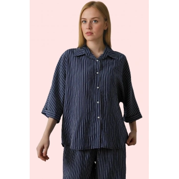 Kadın Oversize Çizgili Gömlek Düşük Kol Uzun Kollu Regular Kalıp Yaz Aylarının Vazgeçilmezi