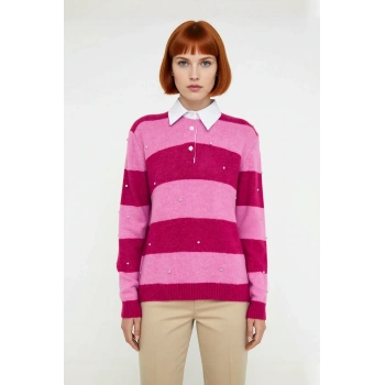 Kadın Oversize Çizgili Polo Yaka Düşük Kol Taş İşlemeli Triko Kazak Kış Sezonu Şıklığına Özel Geniş