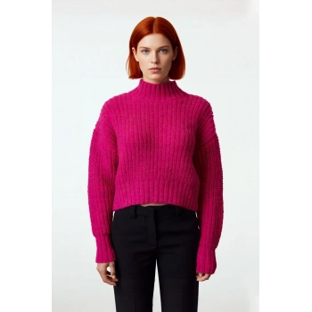 Kadın Oversize Crop Dik Yaka Uzun Düşük Kol Kalın Selanik Örgü Triko Kışlık Kazak Kaliteli