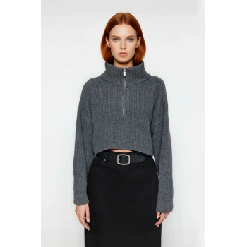 Kadın Oversize Crop Fermuarlı Dik Yaka Selanik Dokuma Akrilik Triko Kazak Kış Günlük Kombinler İçin