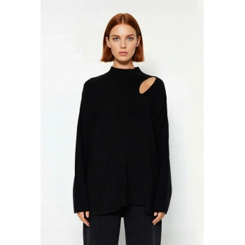 Kadın Oversize Cut Out Detaylı Siyah Triko Kazak Akrilik Fitilli Uzun Kollu Kışlık Kombinlerinize