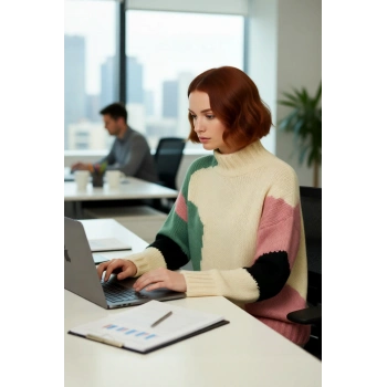 Kadın Oversize Dik Yaka Bej Renk Bloklu Düşük Kol Uzun Triko Kazak Kış Günleri İçin İdeal Seçim