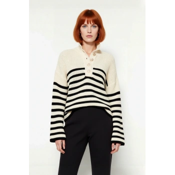 Kadın Oversize Dik Yaka Çizgili Triko Kazak Düşük Kollu Crop Kesim Günlük Şık Kış Stili Kaliteli