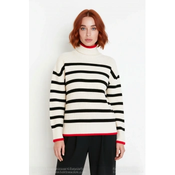 Kadın Oversize Dik Yaka Çizgili Triko Kazak Uzun Kollu Kışlık Rahat Basic Giyim Kaliteli Şık