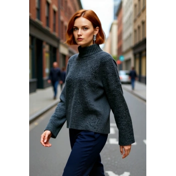 Kadın Oversize Dik Yaka Gri Akrilik Uzun Kollu Basic Triko Kazak Kışlık Kombinlerin Anahtarıdır