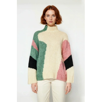 Kadın Oversize Dik Yaka Renk Bloklu Düşük Kol Selanik Dokuma Uzun Triko Kazak Kışlık Kombinlerin