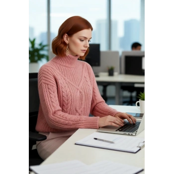 Kadın Oversize Dik Yaka Saç Örgü Desenli Yumuşak Dokulu Kalın Akrilik Triko Kazak Kaliteli