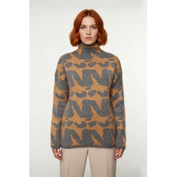 Kadın Oversize Dik Yaka Triko Kazak Modern Geometrik Desenli Soğuk Kış Günleri İçin İdeal Kaliteli