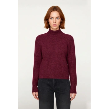 Kadın Oversize Dik Yaka Triko Kazak Reglan Kol Kışlık Günlük Şıklık Sunan Bordo Basic Tasarım