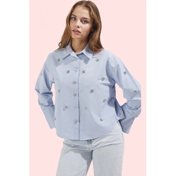 Kadın Oversize Dokuma Gömlek Taş Detaylı Uzun Kollu Günlük Hafta Sonu Yaz Aylarının Vazgeçilmezi