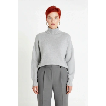 Kadın Oversize Düşük Kol Dik Yaka Uzun Triko Kazak Basic Modern Rahat Kış Günlük Şıklığı Sunar