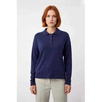 Kadın Oversize Düşük Kol Düz Desen Polo Yaka Triko Kazak Kışlık Kombinlerin Rahat Parçası Kaliteli