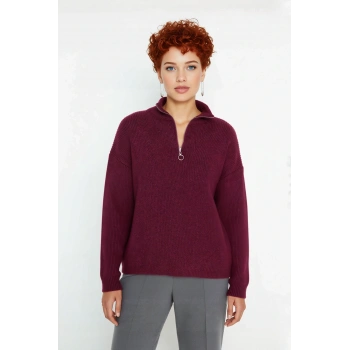 Kadın Oversize Düşük Kol Fermuarlı Dik Yaka Triko Selanik Örgü Basic Uzun Kollu Kazak Kaliteli