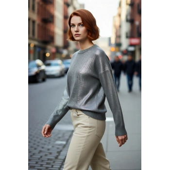 Kadın Oversize Düşük Kol Triko Bisiklet Yaka Gri Metalik Yansımalı Kışlık Kazak Modeli Kaliteli