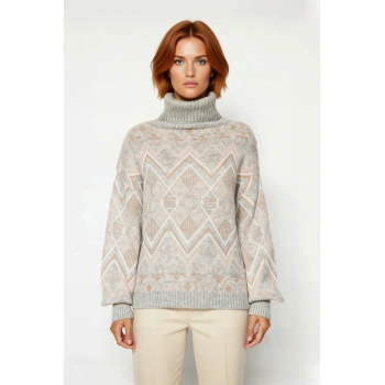 Kadın Oversize Etnik Desenli Balıkçı Yaka Uzun Kollu Akrilik Triko Kazak Kış Günleri Seçimi