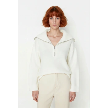 Kadın Oversize Fermuarlı Dik Yaka Triko Kazak Düşük Kol Uzun Kış Günleri İçin İdeal Model