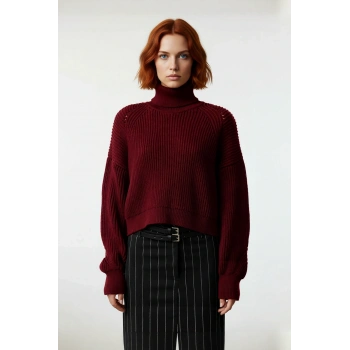 Kadın Oversize Fitilli Bordo Balıkçı Yaka Uzun Reglan Kollu Crop Akrilik Triko Kazak Kaliteli
