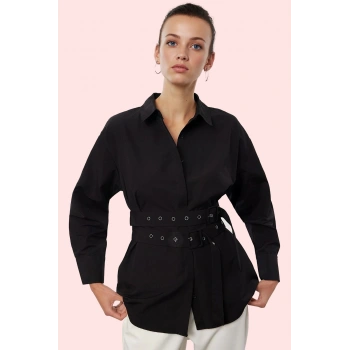 Kadın Oversize Geniş Kalıp Dokuma Gömlek Kemer Detaylı Basic Günlük Yaz Aylarının Vazgeçilmezi