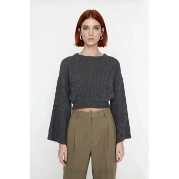 Kadın Oversize Gri Akrilik Selanik Dokuma Super Crop İspanyol Kol Triko Kazak Günlük Stilinize