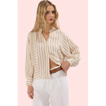 Kadın Oversize Hakim Yaka Çizgili Müslin Gömlek Pamuk Günlük Kullanım Yaz Aylarının Vazgeçilmezi