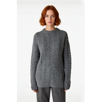 Kadın Oversize Kalın Saç Örgü Desenli Bisiklet Yaka Düşük Kol Uzun Boy Triko Kazak Kışlık Kaliteli