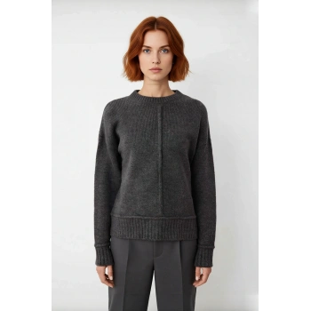 Kadın Oversize Kalın Triko Kazak Düşük Kol Bisiklet Yaka Düz Desen Gri Modern Şık Kışlık Kaliteli