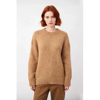 Kadın Oversize Kalın Triko Kazak Düşük Kol Bisiklet Yaka Uzun Boy Rahat Günlük Kombinler İçin