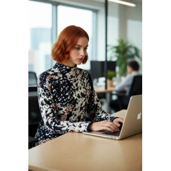 Kadın Oversize Kalıp Dik Yaka Desenli Uzun Kollu Triko Kazak Akrilik Materyal Konforu. Kaliteli